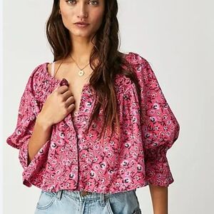 Free People Pink Floral Peasant Blouse
